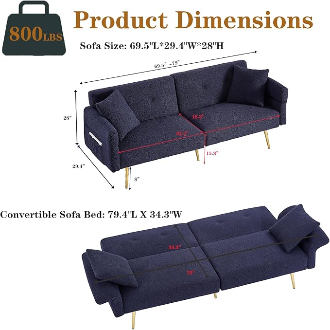 Modern Teddy Velvet Convertible Folding Futon Couch Sofa Bed Adjustable Pillow Top Arm Memory Foam Couch Double Love Seat Sofa for Compact Space Dorm Apartment Bedroom Loveseat (Dark Blue)