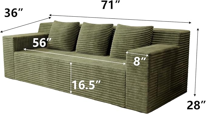 71 Small Boneless Couch Corduroy 3 Seater Couch for Living Room with 3 Pillows &amp Armrests Deep Seat Sofa for Small Spaces Apartment﻿ (Antique Green) | Small Boneless Couch