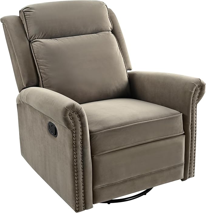 360° Swivel Recliner Chair with Adjustable Backrest Manual Rocking Recliner Home Theater Manual Recliner Chair with Metal Base and Velvet Fabric for Living Room (Light Brown 2)