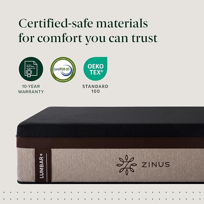 Zinus Lumbar+ Premium 14 Inch Memory Foam Mattress Lumbar Support Targeted Pressure Relief Cooling Gel and Green Tea Cool-to-The-Touch Cover Medium Firm Feel CertiPUR US Certified Queen