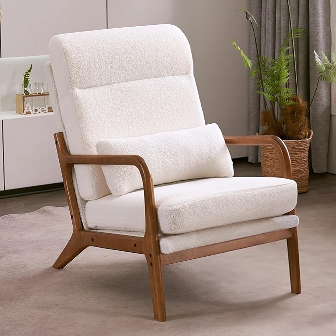 Karl home Accent Chair Mid-Century Modern Chair with Pillow High Back Teddy Fleece Upholstered Lounge Arm Chair with Solid Wood Frame &amp Soft Cushion for Living Room Bedroom Balcony White
