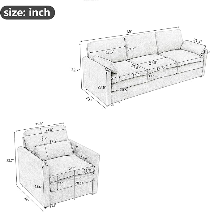 3-Piece Cozy Upholstered Sofa Set Upholstered Sofa Set with 2 Single Sofa Oversized Comfy Cloud Sofa for Living Room Office Apartment (Beige-6c)