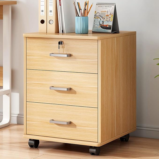 3 Drawer Mobile File Cabinet Under Desk Storage Organizer with Lock Wooden 14.5'' Extended Desktop Small Rolling Filing Cabinet for Home Office Makeup Organization Letters/A4(Oak)
