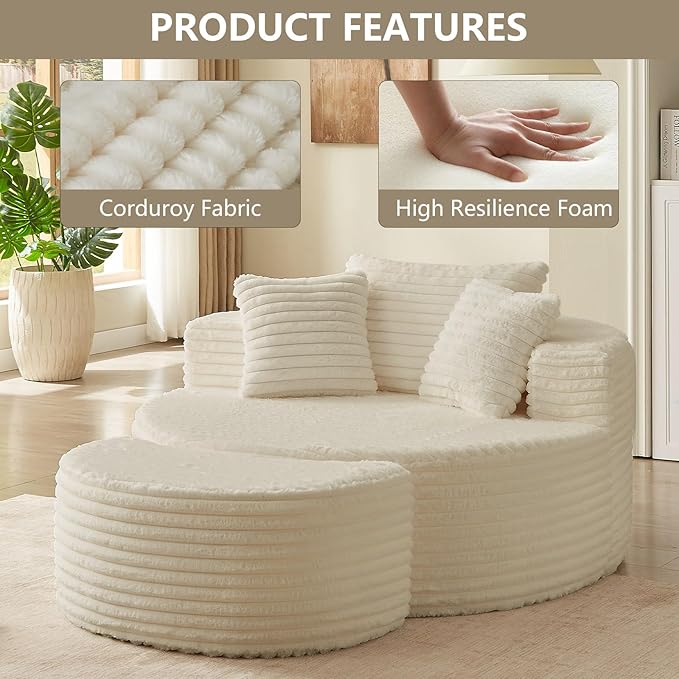 Oversized Round Chaise Lounge Chair Indoor with Ottoman Modern Upholstered Corduroy Circle Couch with Pillows Boneless Round Chairs for Living Room Apartroom No Assembly Required White