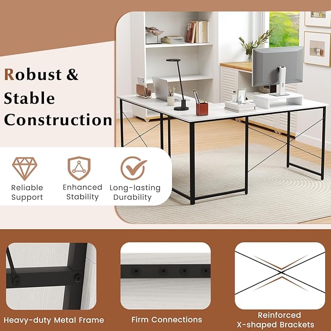 Giantex L Shaped Computer Desk 59 Inch Reversible Corner Desk with Power Outlet and USB Ports &amp Monitor Stand Wooden Writing Desk Gaming Table for Home Office Room Small Space (White)