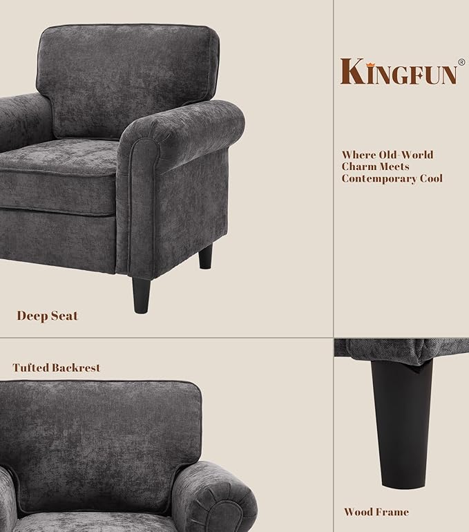 Kingfun Living Room Arm Chair Modern Accent Chairs Cloud Single Sofa Spring Seat Cushion Comfy Lumber Pillow Chenille Fabric Removable Cover Soft Upholstered Furniture Home Apartment Grey