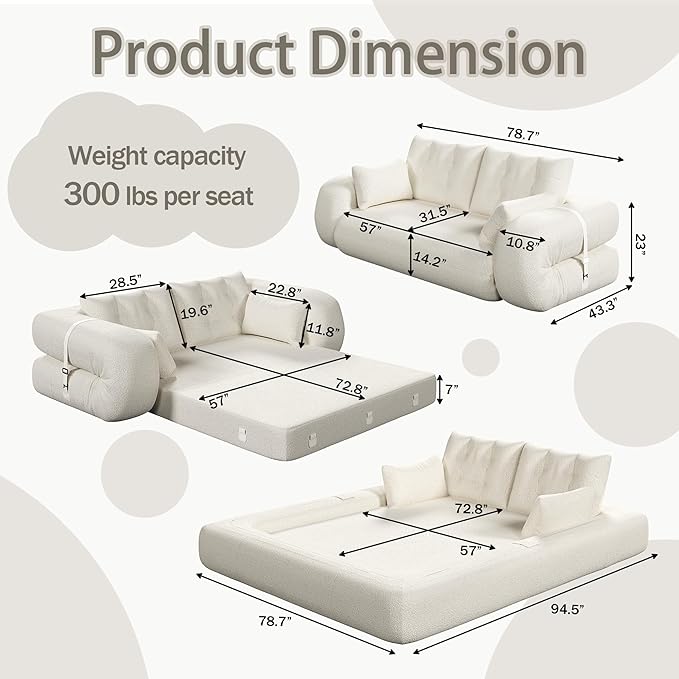 78.7 Convertible Sofa Bed 3-in-1 Folding Floor Couch with 4 Pillows Sleeper Sofa for Living Room and Guest Bed No Assembly Required (Beige Teddy Fabric)