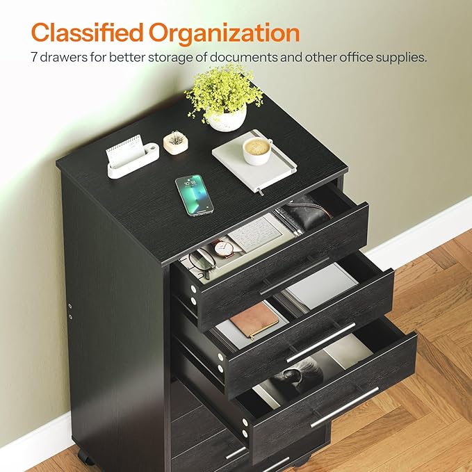 HOOBRO 7-Drawer File Cabinet Wooden Office Cabinet with Drawers Mobile Storage Cabinet for Home Office Study Easy Assembly Black BK07WJ01