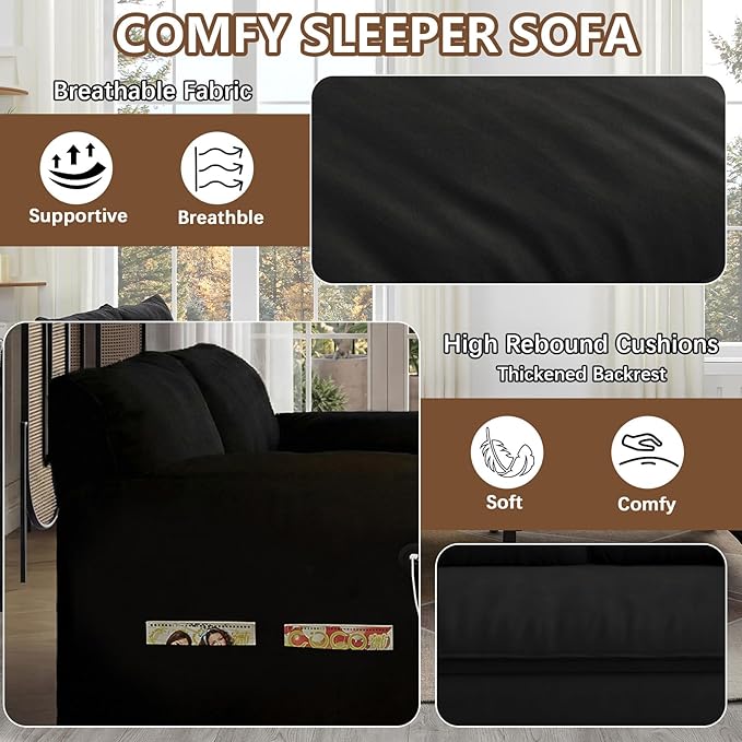 Gexpusm Futon Sofa Bed Queen Size3-in-1 Convertible Sleeper SofaPull Out Bed with Side PocketLoveseat CouchModern Futon Couch for Living RoomSmall SpaceApartmentBedroom (Black Velvet 61) | Fu