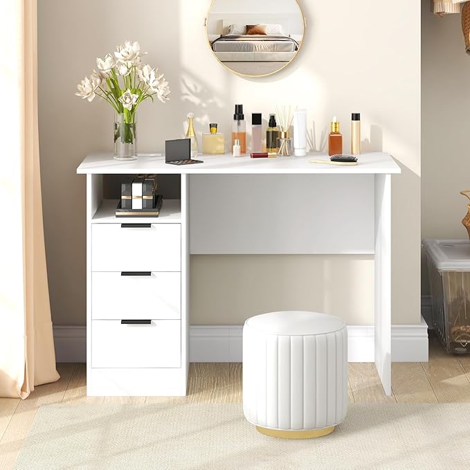 Computer Desk with Drawers 42.5’’ White Desk with Storage Shelf &amp Built-in Power Outlet Wood Vanity Makeup Table Small Desk for Bedroom Living Room Study Home Office