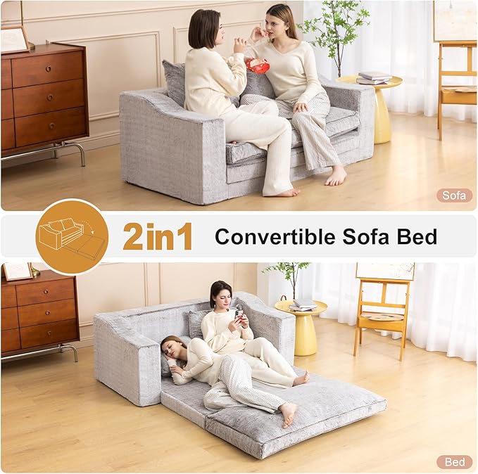 Loveseat Oversized Folding Sofa Bed Convertible Sleeper Chair Bed with Pillows &amp Wide Armrest Comfortable Floor Couch for Living Room &amp Bedroom(Fur Coffee) | Foldable