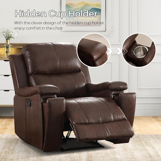 Brown Recliner Chair Single Overstuffed Sofa Recliners Breathable Faux Leather Manual Reclining Chairs with Hidden Cup Holder Arm and Back for Adults Living Room Bedroom Dark Brown