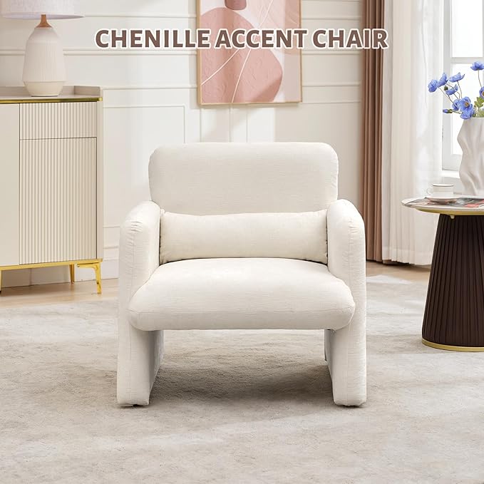 GAOMON Modern Accent Chair with Arms 28.5 W x 27 D Chenille Upholstered Single Seater Sofa Chair Comfy Armchair for Living Room Bedroom Office Apartment - Cream White