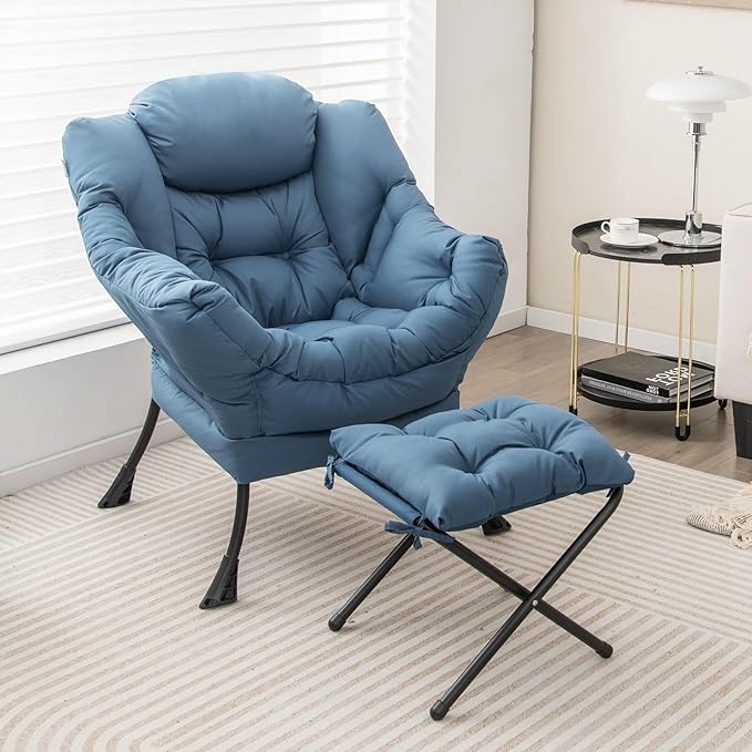 RELAX4LIFE Lazy Chair with Foldable Ottoman - Modern Lounge Accent Chair w/Armrests &amp Side Pocket Upholstered Leisure Sofa Armchair with Footrest for Reading Living Room Bedroom Dorm (Blue)