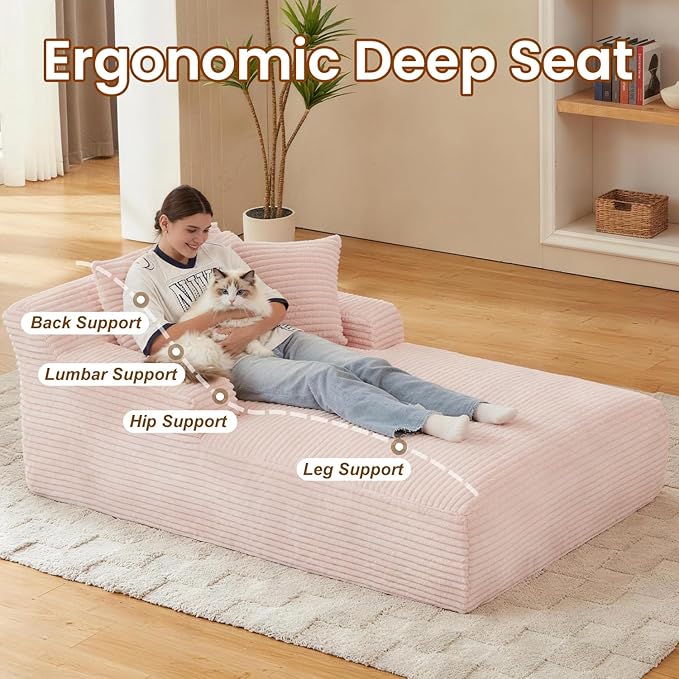 Avenix 79” Oversized Chaise Lounge Chairs Indoor Corduroy Boneless Chaise Lounges Chairs Indoor Deep Seat Big Comfy Reading Chair Cloud Sleeper Chair Sofa Couch Bed for Living Room Pink