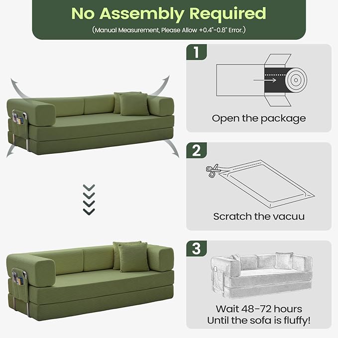 Cloud Sofa for Small Living Room - Trendy Multifunctional Foldable Extendable Storage Couch Bed Cream White Striped Fabric Space-Saving Convertible Furniture for Living Room (Olive Green 80.15)