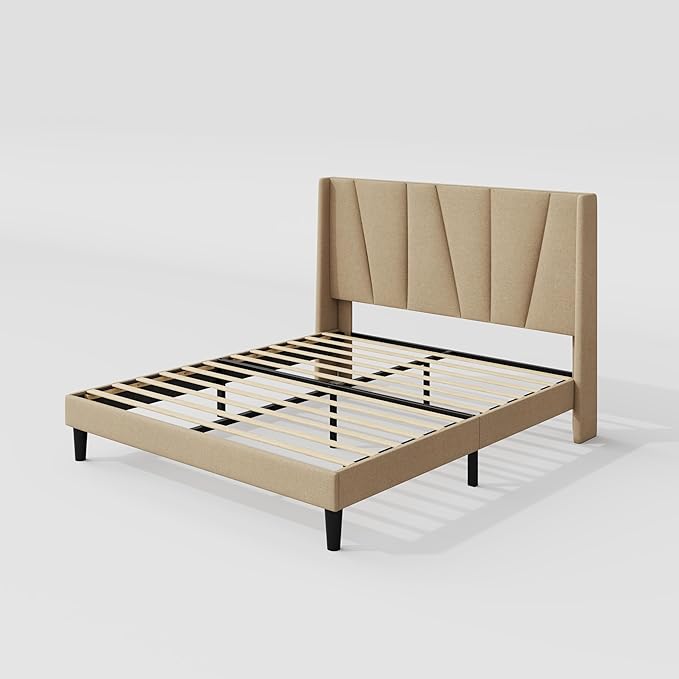Allewie Full Size Platform Bed Frame with Geometric Wingback Headboard Boho Upholstered Bed with Wooden Slats Support No Box Spring Needed Easy Assembly Beige