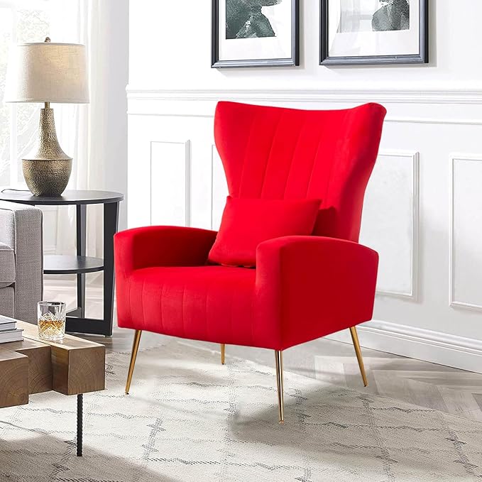 Velvet Accent Arm Chair Mid-Century Modern Living Room Chair Wingback Bedroom Side Chair with Gold Legs &amp Pillow Button-Tufted Red