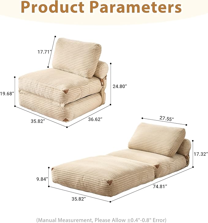 75'' Foldable Sofa Bed Convertible Sleeper Sofa with Pillow Boneless Corduroy Foldable Couch Bed Single Sleeper Chair for Small Spaces Living Room Bedroom StudioBeige