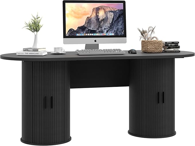 blini Executive Office Desk with Storage Fluted Wood Computer Desks with 2 Sliding Doors Mid Century Modern Oval Writing Table for Home Office Study Room Living Room