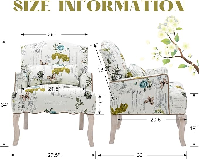 Floral Accent Chair with Arms Linen Fabric Modern Arm Chair with Removable Pillow Upholstered Corner Reading Chair Comfy Single Sofa for Living Room/Bedroom/Fireplace Beige-Butterfly Pattern
