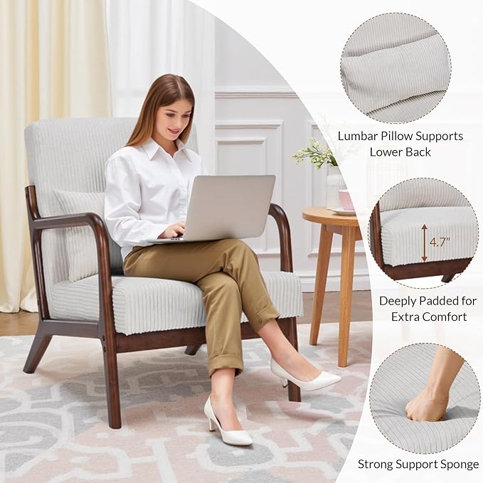 Rovibek Striped Accent Chair for Bedroom - Modern Accent Chairs with Lumbar Pillow Comfortable Reading Chair with 4.7in Thick Cushion Small Living Room Chairs for Small Spaces