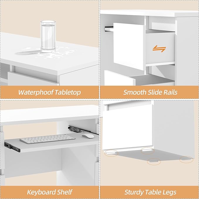Computer Desk with 6 Drawers 47'' Home Office Desk with Storage &amp Keyboard Shelf White Gaming Desks Wood Vanity Desks for Bedroom Modern Corner Writing Table for Work Study (White)