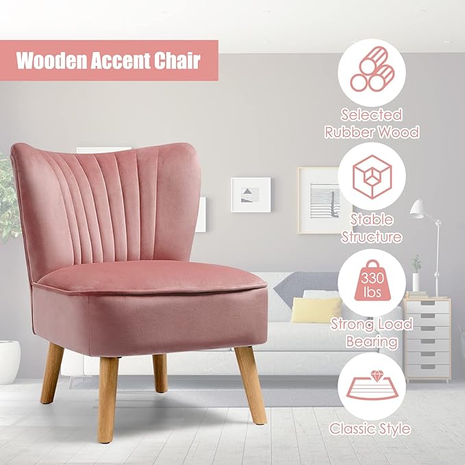 KOTEK Velvet Accent Chair Modern Armless Accent Chair w/Solid Rubber Wood Legs Upholstered Side Chair Club Sofa Chair Slipper Chair for Living Room Bedroom (Pink)
