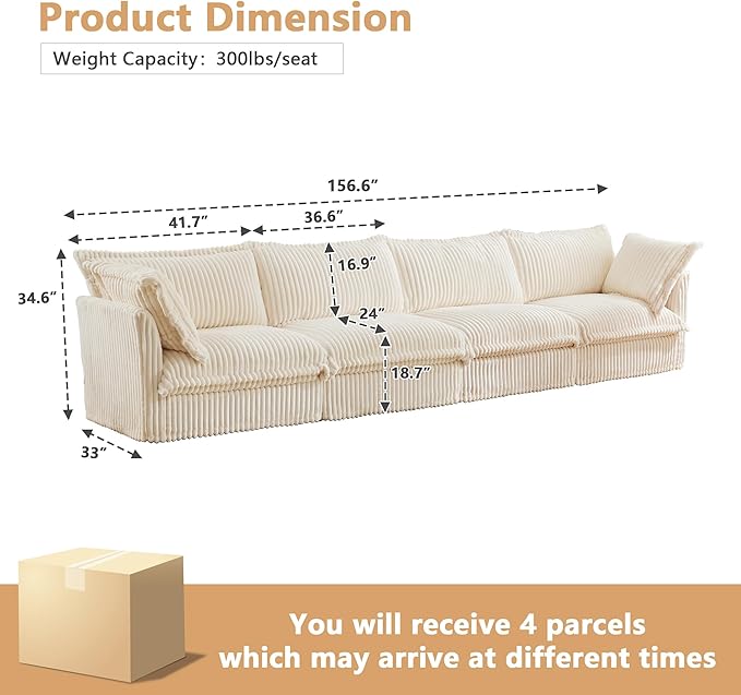 Aoowow Oversized Modular Sectional Sofa 156.6” Corduroy Comfy 4-Seat Sofa Couch Upholstered Deep Seat Couches with Big Toss Pillows for Living Room Apartment OfficeCream-Corduroy