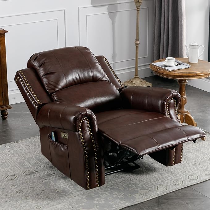 Classic Power Recliner Chair with Massage and Heat Breathable Faux Leather Electric Recliner with USB Port Overstuffed Reclining Sofa with Rivets for Living Room Caramel Brown