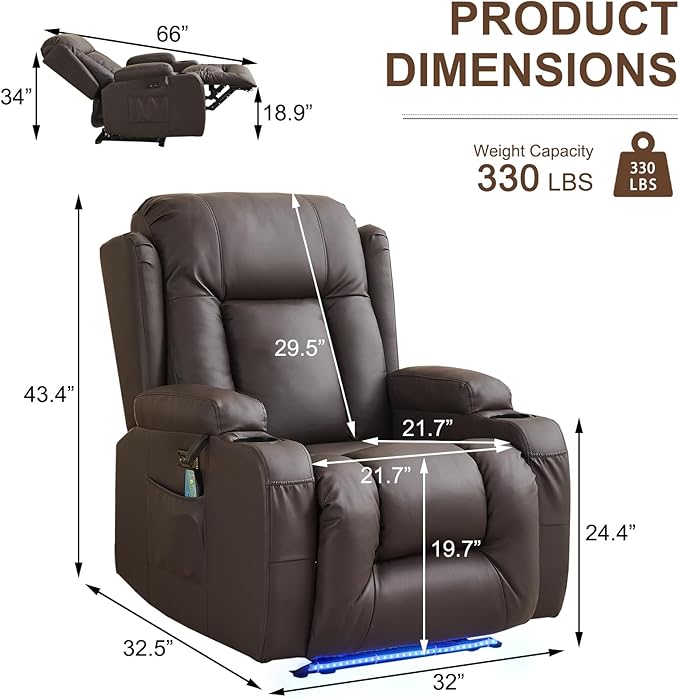 Power Recliner Chair PU Leather Home Theater Seating Chair for Adults with Massage &amp Heat Comfy Single Reclining Sofa Chair for Living Room with USB Port/Led Light/Cup Holder (Brown)