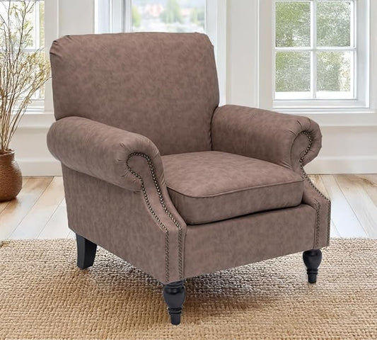 Accent Chair22.4 Seat Depth Armchair with Roll Arms36.6W*34.3D*34.6H Living Room ChairWood LegsSet of 1Faux Leather in Taupe