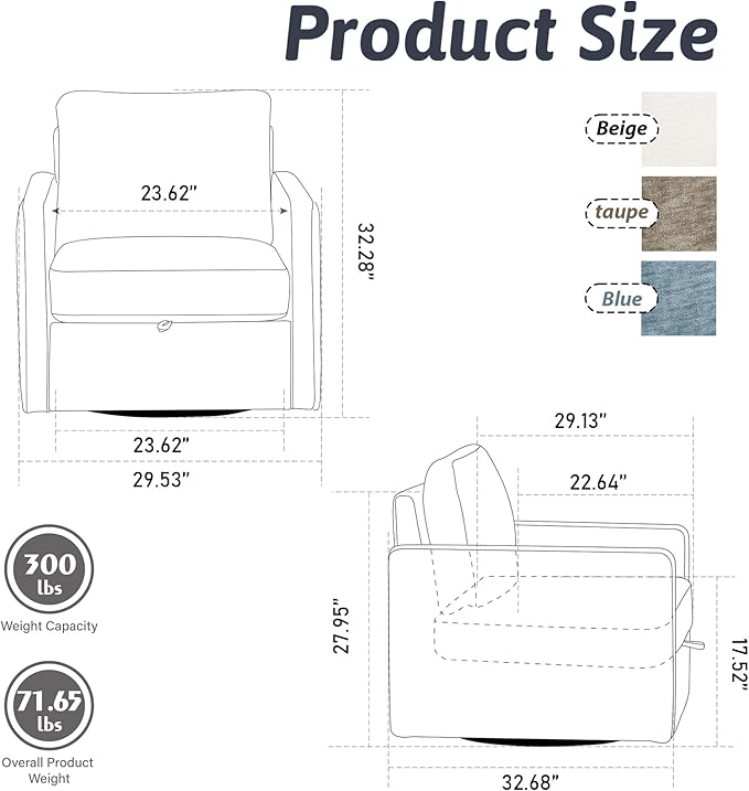 30 Square Swivel Chair with Storage Under SeatChenille Taupe Accent Chair for BedroomUpholstered ArmchairComfy Chairs for Living Room