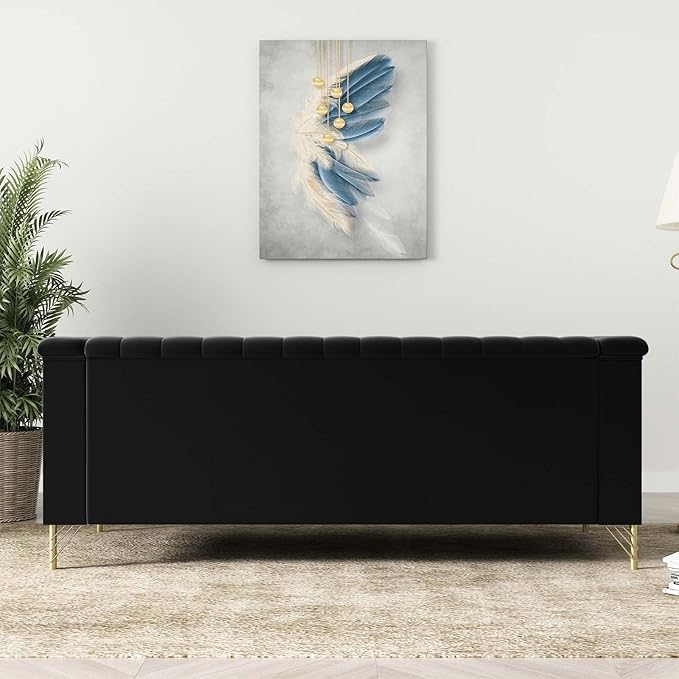 Tomkate 83 Black Velvet Chesterfield Sofa Mid-Century Modern Tufted 3-Seater Couch with Flared Arms Removable Cushions &amp Gold Metal Legs for Living Room (Black)