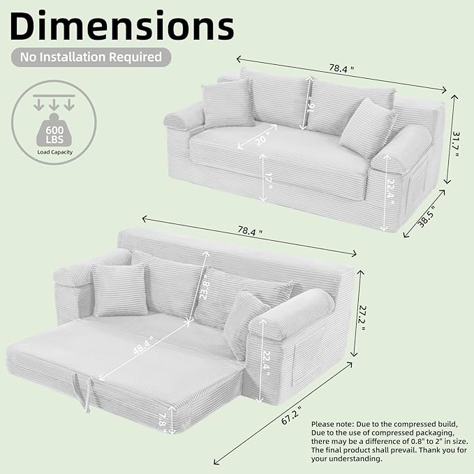 Folding Convertible Sofa Bed 78 Inch Corduroy Boneless Cloud Couch Futon Compressed Pull Out Loveseat Sleeper Bed Foldable Floor Mattress Sofa for Living Room Bedroom Grey White