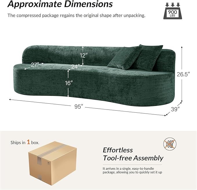 95 Modern Curved Compressed Sofa All-Foam 3-Seater Cloud Couch with 2 Pillows No Assembly Required Boneless Sofas for Living Room Olive