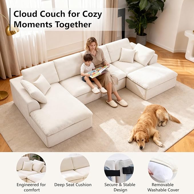 U Shaped Sectional Couch with Movable Ottoman 137.8 Inch Modular Sectional Sofa with Comfy Deep Seat 4-Seater Convertible Boneless Couches for Living Room Warm White