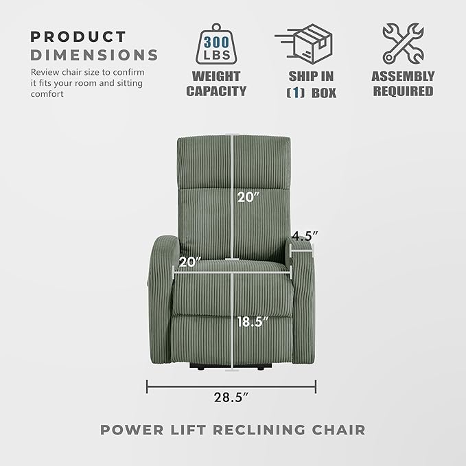 Lexicon Power Lift Recliner Chair for Elderly with Remote Control Gentle Lift Motion Side Pocket Armrest Corduroy Upholstered Electric Recliner for Living Room/Bedroom Easy Assembly Green