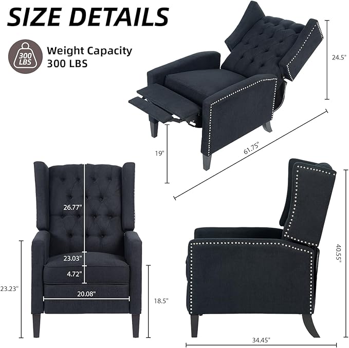 Wing Back Recliner Chair for Living Room Push Back Reclining Chairs Club Accent Chair Lounge Armchair Comfy Fabric Arm Chair with Rivet Decoration Tufted Back Solid Wood Legs Black