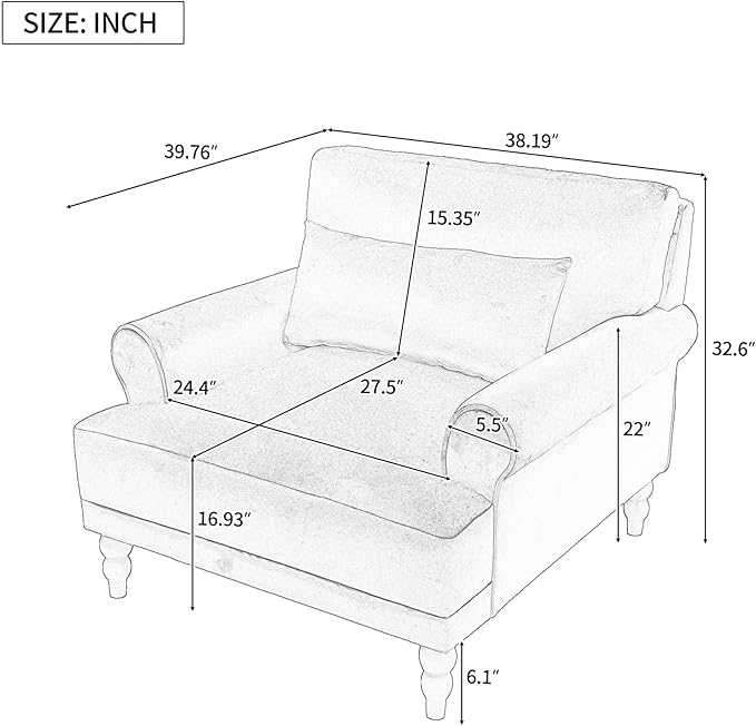 Teddy Fabric Accent Arm Chair with Solid Wood Legs | Ergonomic Lumbar Support Cozy French Country Chic Large Lounge Chair for Living Room Bedroom Study