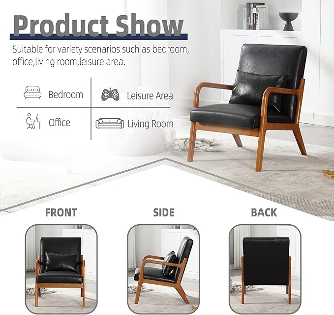 Modern Accent Chair Solid Wood Padding Lounge Armchairs with One Pillow for Living Room Bedroom Guest Room (Black PU)