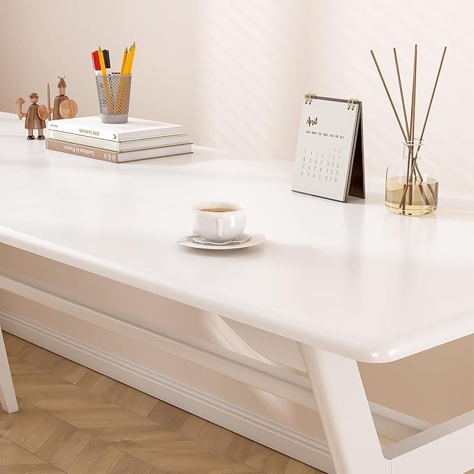 Solid Wood Study Desk - 71 Double Long Computer Table for Home Office 2-Person PC Workstation White