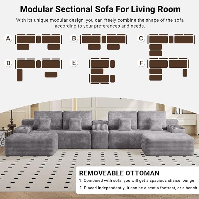 150 Modular Sectional Sofa with 2 Ottoman 5-Piece Cloud Sectional Couch with Console Storage USB Bluetooth Speaker &amp Cup Holder U Shaped Boneless Couches for Living Room Furniture Light Gre