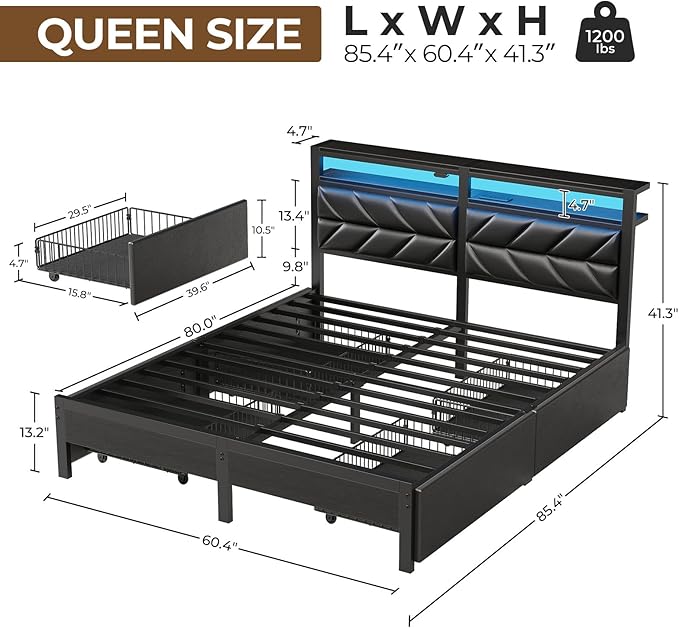 Seventable Queen Bed Frame with 4 Storage Drawers Charging Station &amp LED Lights Upholstered Headboard with 2-Tier Shelves Metal Platform Bed No Box Spring Needed Noise-Free Black