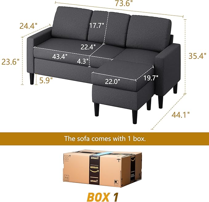 Shintenchi Small Convertible Sectional Sofa Couch with Ottoman 3 Seat L Shaped Sofa with Fabric Upholstered Sectional Sofas Small Couch for Apartments Living Room and Office (Carbon Black)