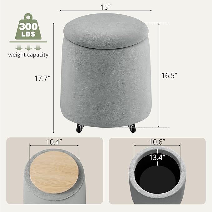 Storage Ottoman with Wheels 15W Swivel Rolling Foot Stool Boucle Terry Fabric Coffee Table Ottoman with Hidden Storage Round Vanity Stools for Makeup Room Living Room Bedroom Entryway Dorm Grey