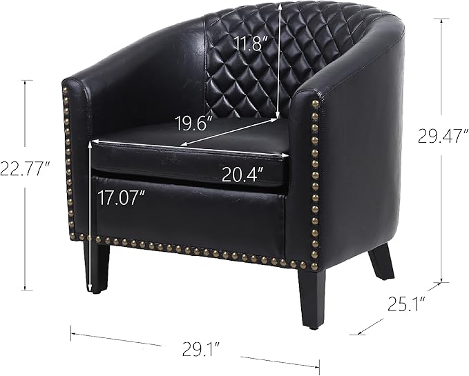 Artificial leather sofa chair barrel-shaped armchair side chair nail head decoration and diamond net backrest suitable for living room bedroom waiting room office and reading chair. (Black)