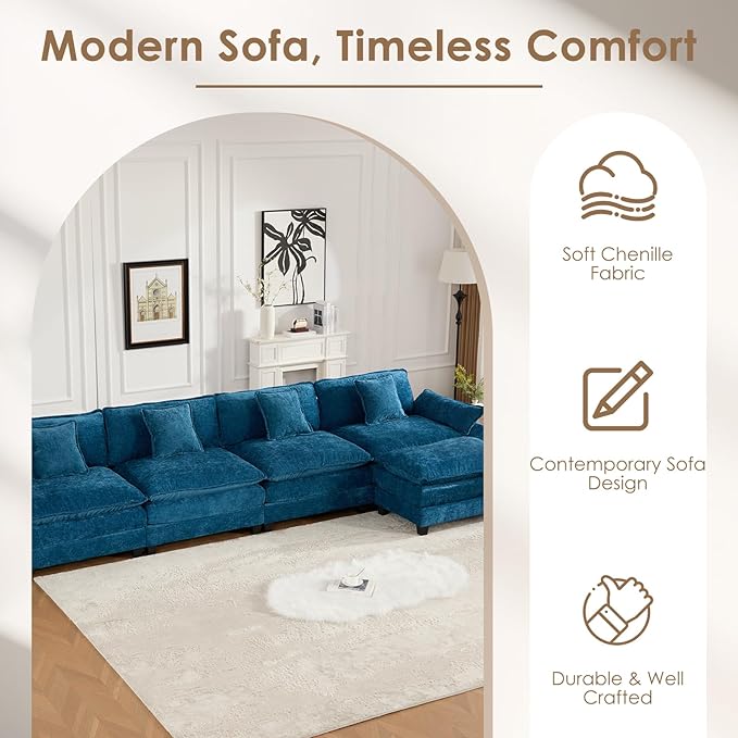 152.8 Modern Chenille Modular Cloud Sofa 4 Seater L Shaped Couch with Spring Cushions Featuring Deep Seats and Pillows Easy Assembly Comfy Large Sectional Couches for Living Room Blue