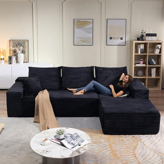 107 Modular Sectional Couches for Living Room Comfy Boneless L Shaped Cloud Couch with Chaise Lounge Modern Cozy Corduroy Deep Seat Floor Sofa Memory Foam No Assembly Required Black