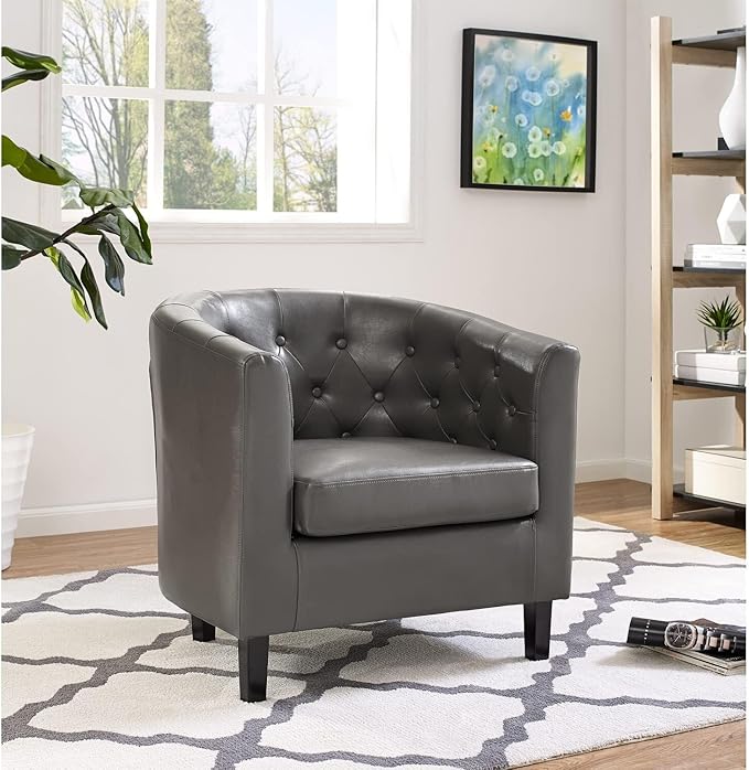 Naomi Home Emma Faux Leather Armchair Set of 2 Modern Tufted Barrel Accent Chairs with Wooden Legs Wide Seat &amp Supportive Back for Living Room Bedroom or Office – Gray